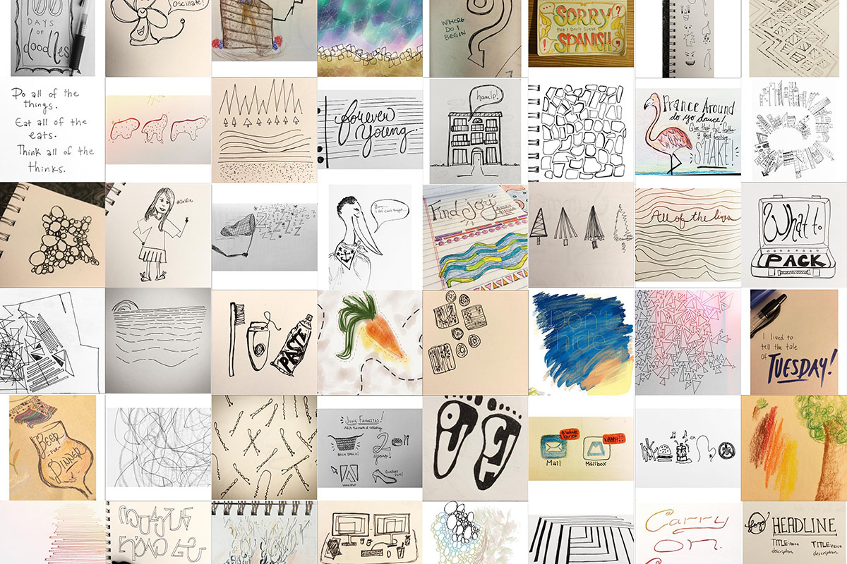 A mosaic of Abby's 100 days of doodles.